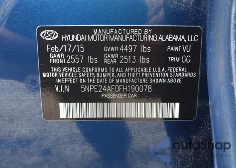 2015 Hyundai Sonata Se из США, поврежденный, VIN 5NPE24AF0FH190078